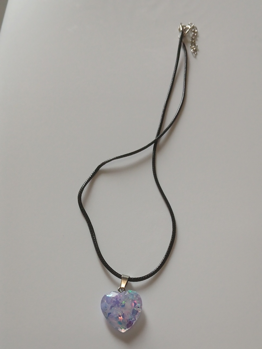 Fashion Jewelry Iridescent Lavender Heart Pendant Necklace with Black Cord